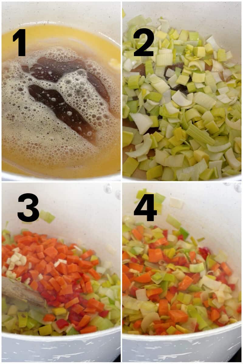 Collage of 4 photos to show how to make chicken pie filling.