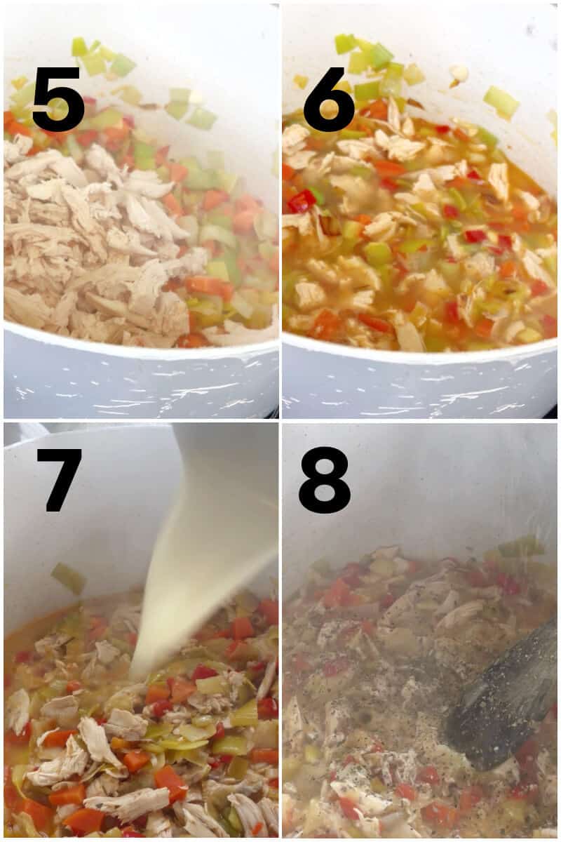 Collage of 4 photos to show how to make chicken and leek pie filling.