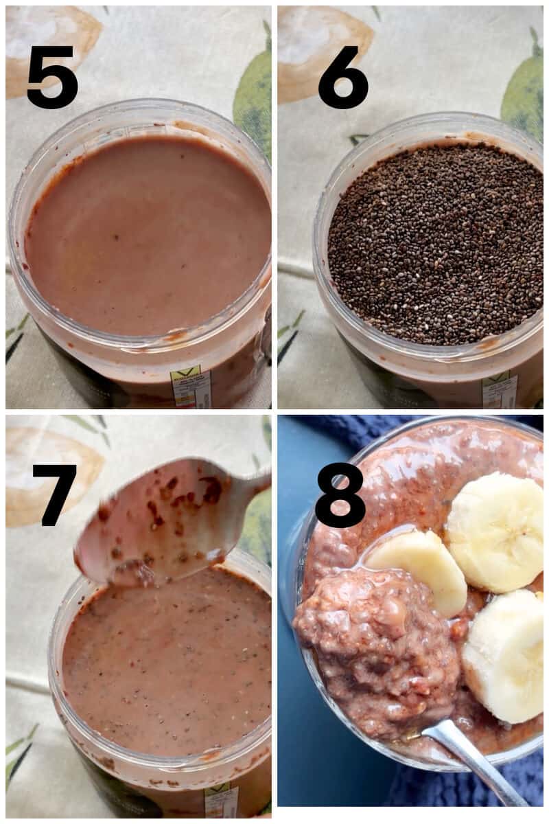 Collage of 4 photos to show how to make chocolate banana chia pudding.