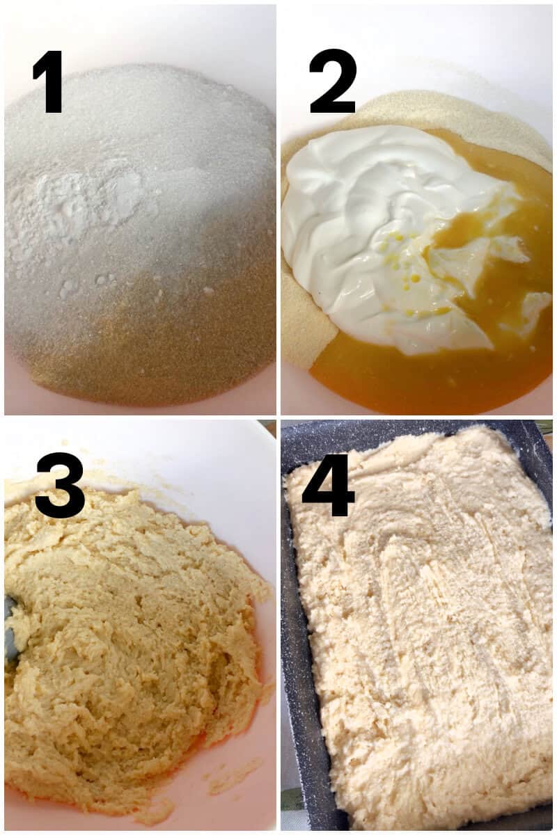 Collage of 4 photos to show how to make semolina cake sponge.