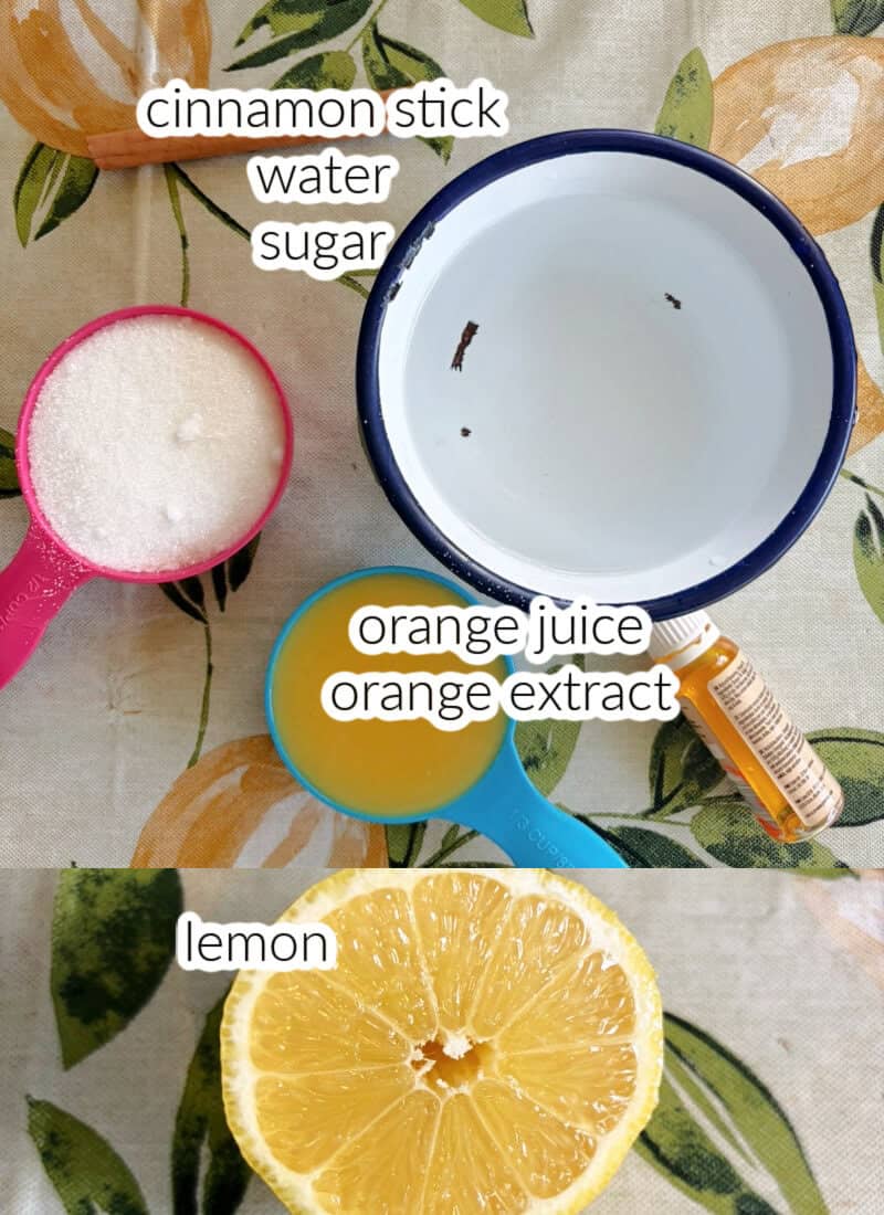 Ingredients used to make a citrus syrup for sponge cakes.