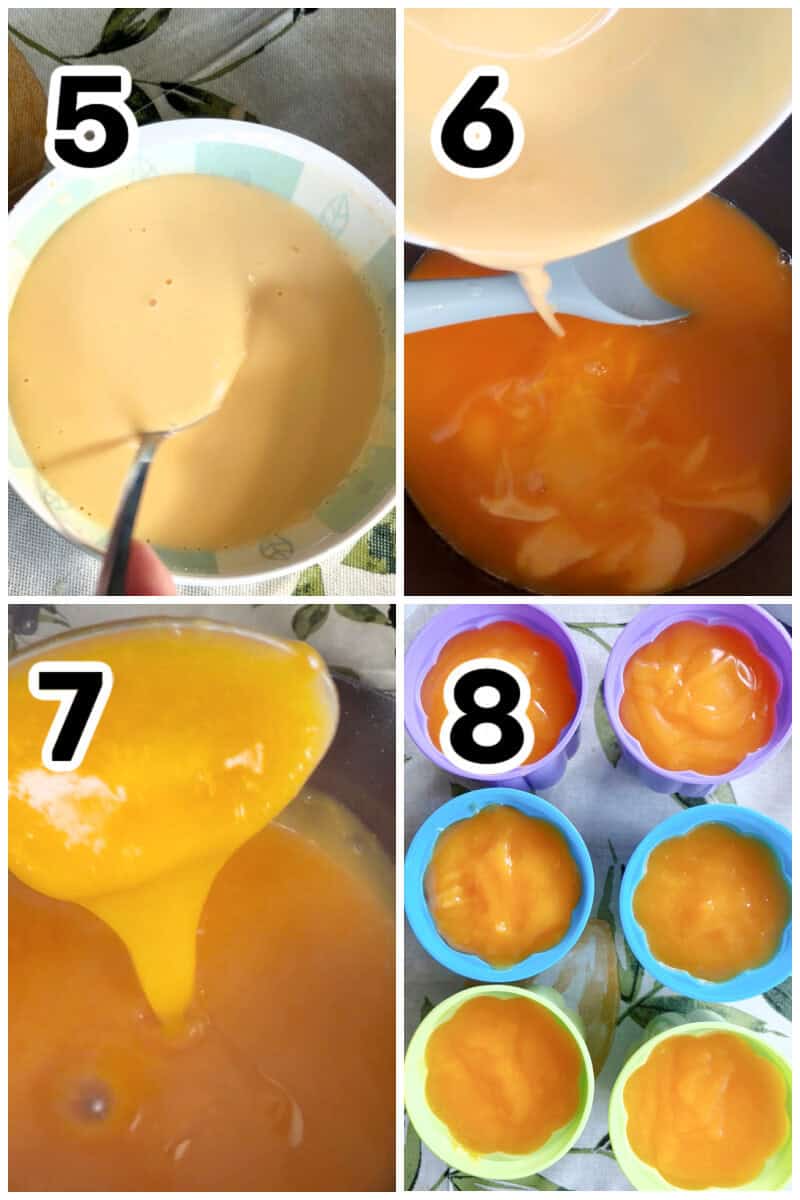 Collage of 4 photos to show how to make mandarin pudding.