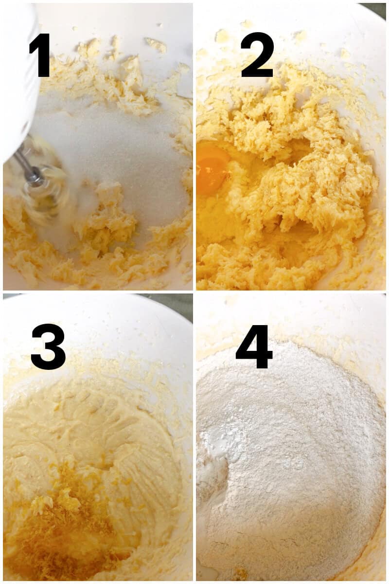 Collage of 4 photos to show how to make lemon sponge cake.