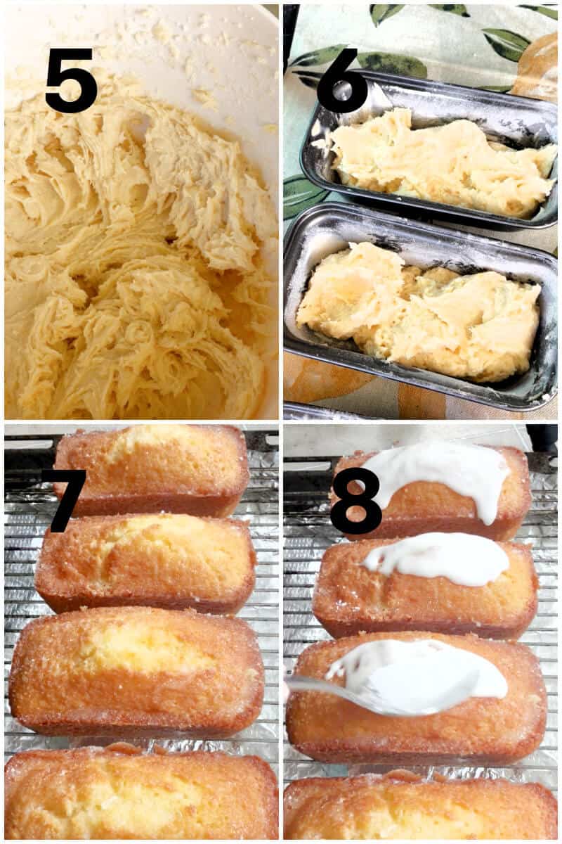 Collage of 4 photos to show how to make mini lemon drizzle cakes with icing.