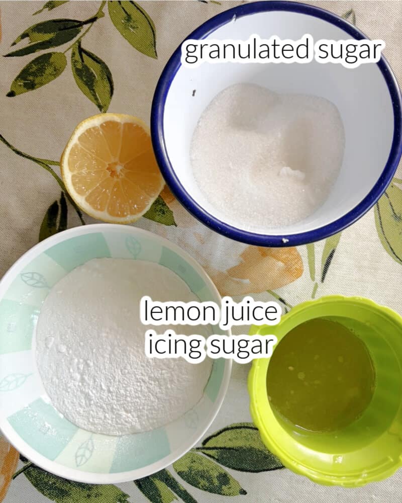 Ingredients used to make lemon drizzle and lemon icing.