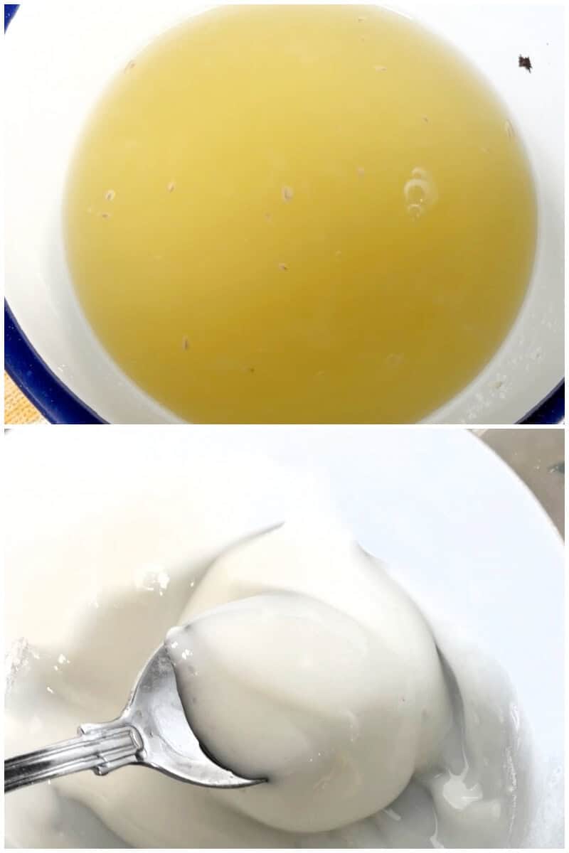 Collage of 2 photos to show how to make lemon drizzle and icing.
