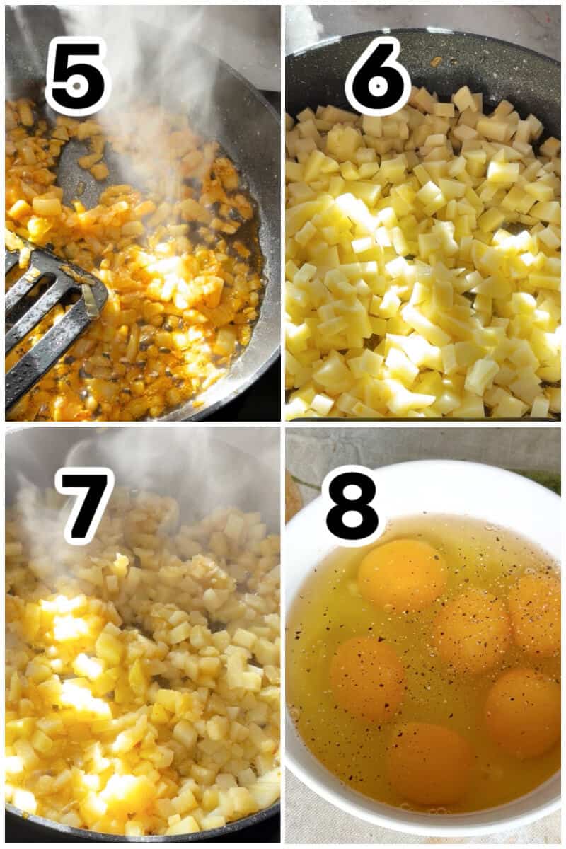 Collage of 4 photos to show how to make potato omelette.