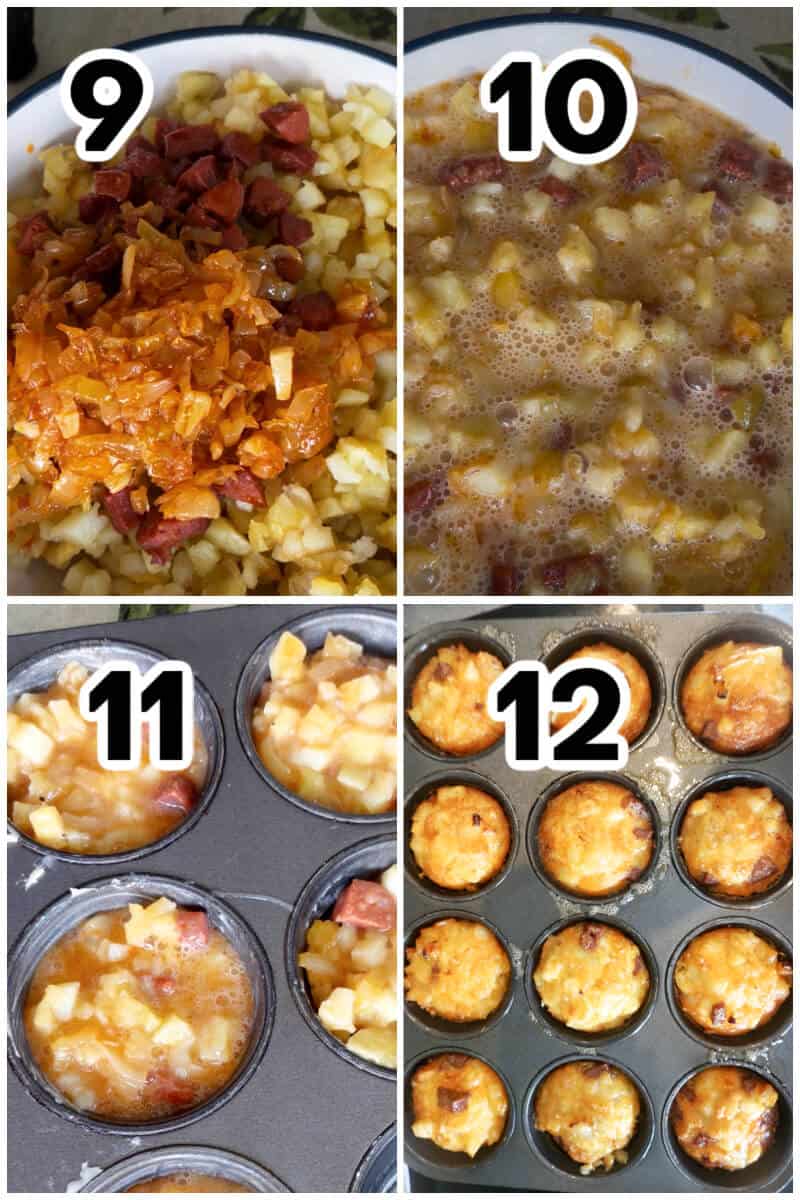 Collage of 4 photos to show how to make mini potato and chorizo omelettes.