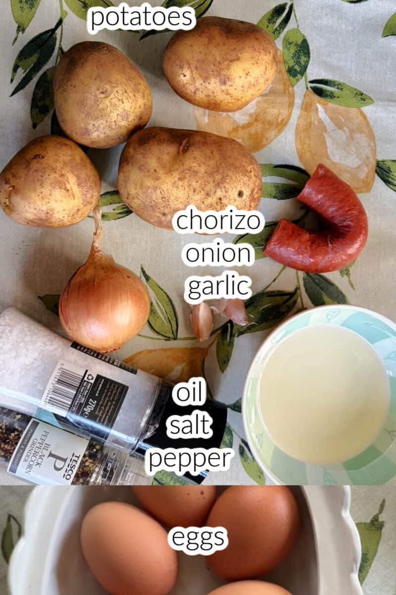 Ingredients used to make mini potato and chorizo omelettes.
