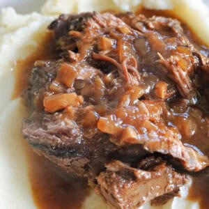 Shredded beef smothered in onion gravy over a bed of mashed potatoes.