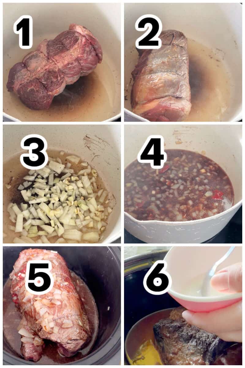 Collage of 6 photos to show how to make beef brisket in the slow cooker.