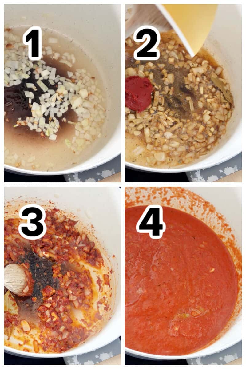 Collage of 4 photos to show how to make jollof rice.