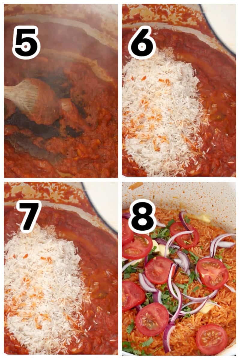 Collage of 4 photos to show how to make basmati jollof rice.