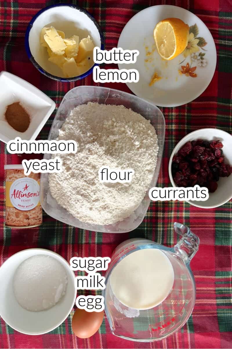 Ingredients used to make a hot cross bun loaf.