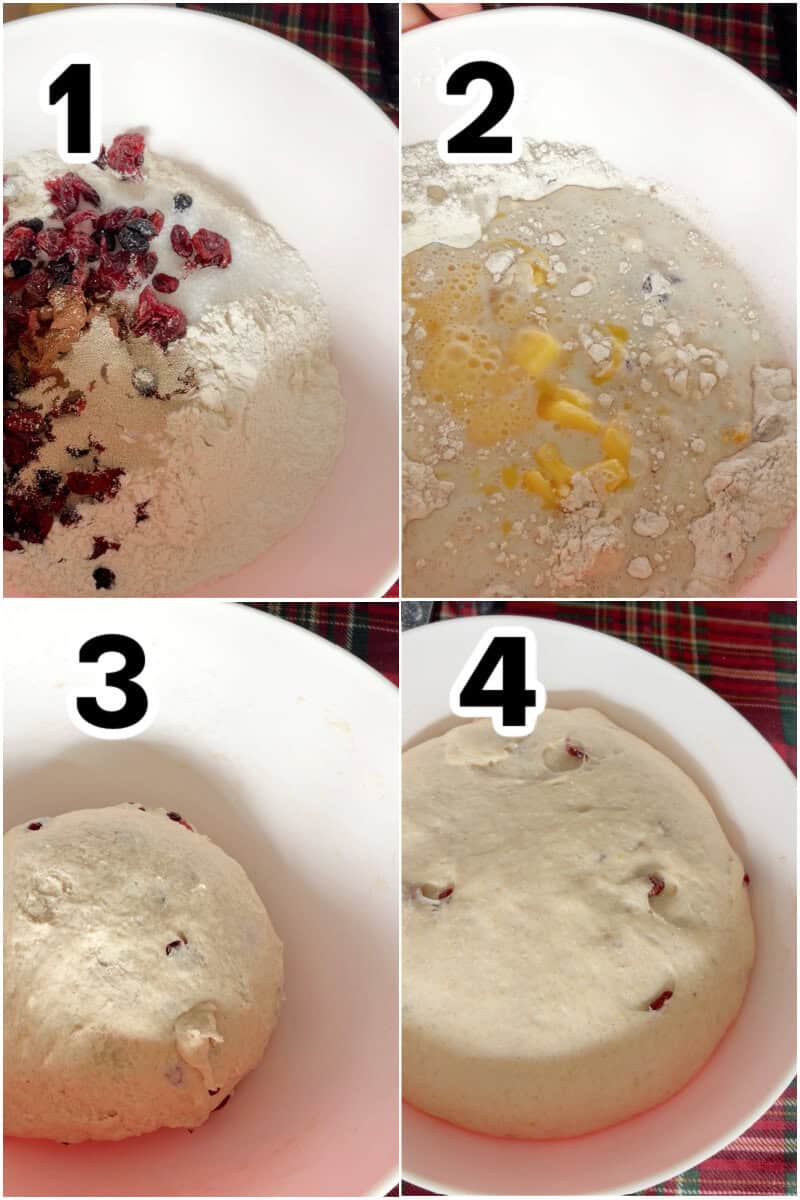 Collage of 4 photos to show how to make a hot cross bun loaf.