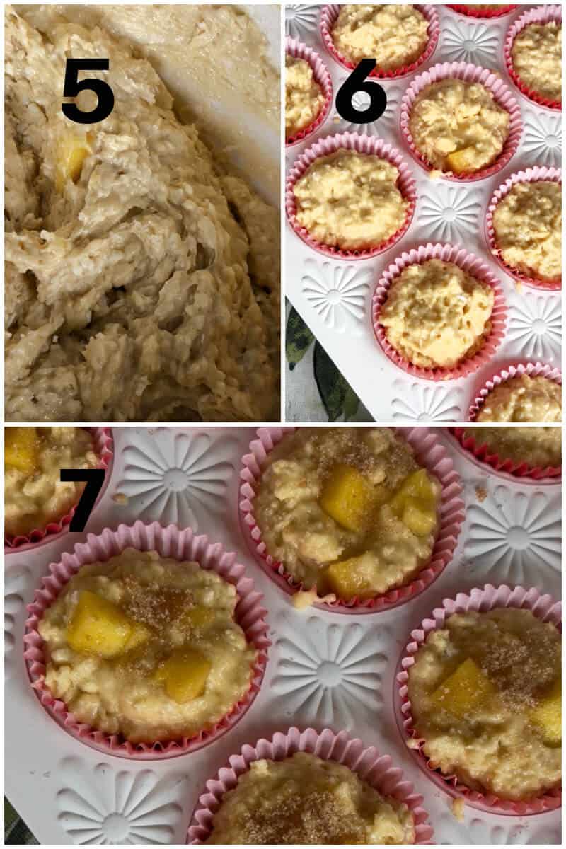 Collage of 4 photos to show how to make muffins with mango.