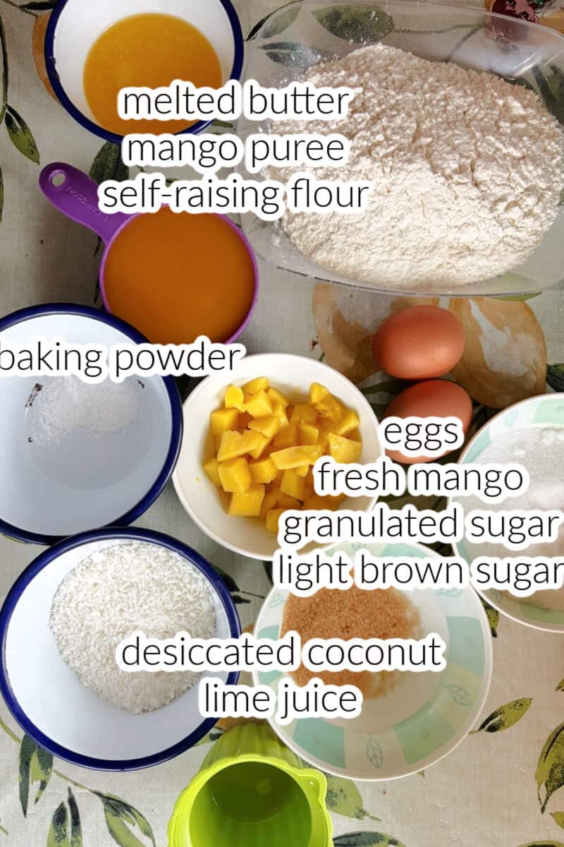 Ingredients used to make mango muffins.