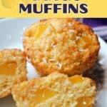 2 halves of a muffin with a whole muffin on a white plate.