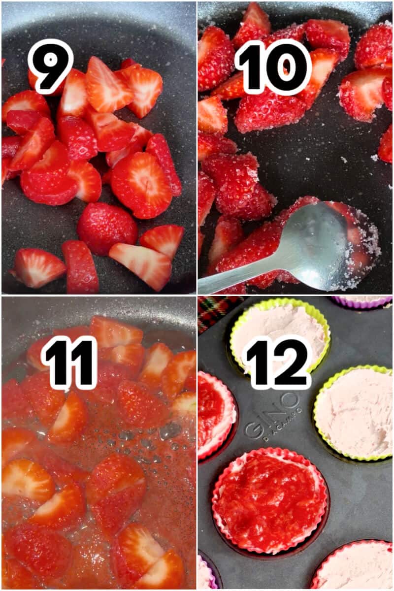 Collage of 4 photos to show how to make the strawberry reduction for the topping.