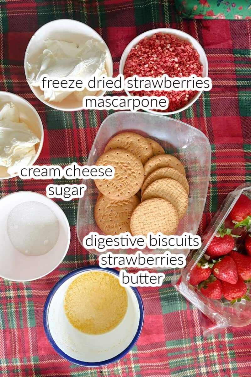 Ingredients used to make strawberry cheesecakes.