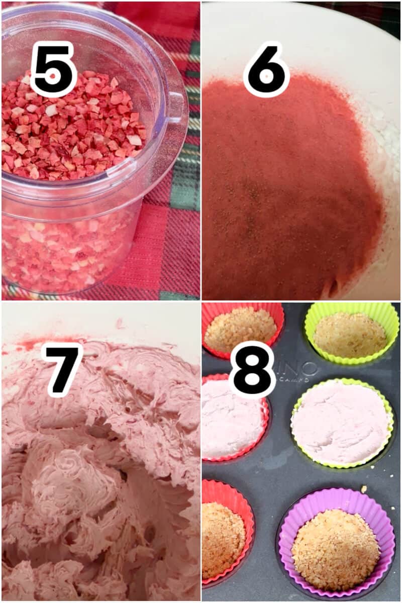 Collage of 4 photos to show how to make the strawberry filling.