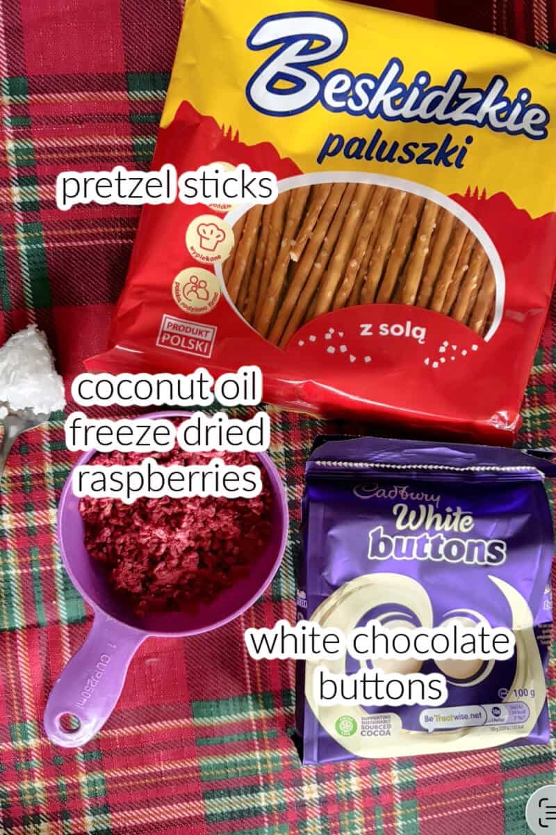 Ingredients used to make the pink chocolate covered pretzel rods.