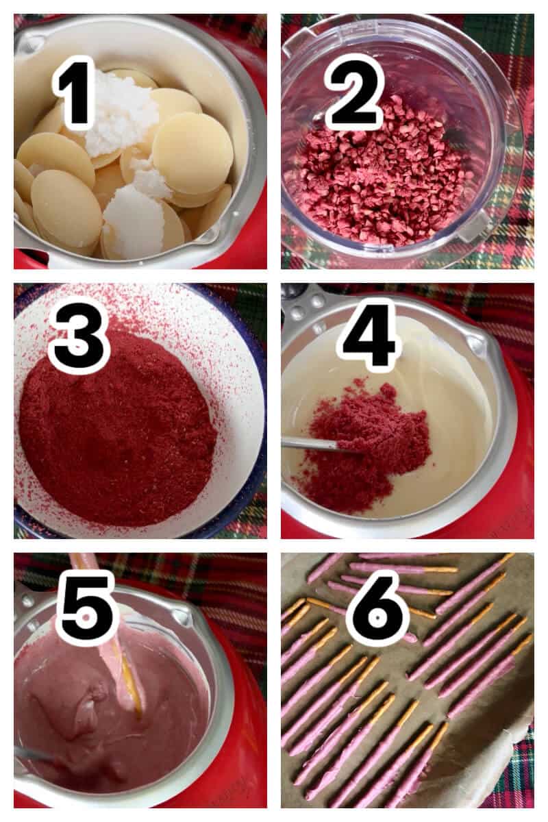 Collage of 6 photos to show how to make chocolate covered pretzels.