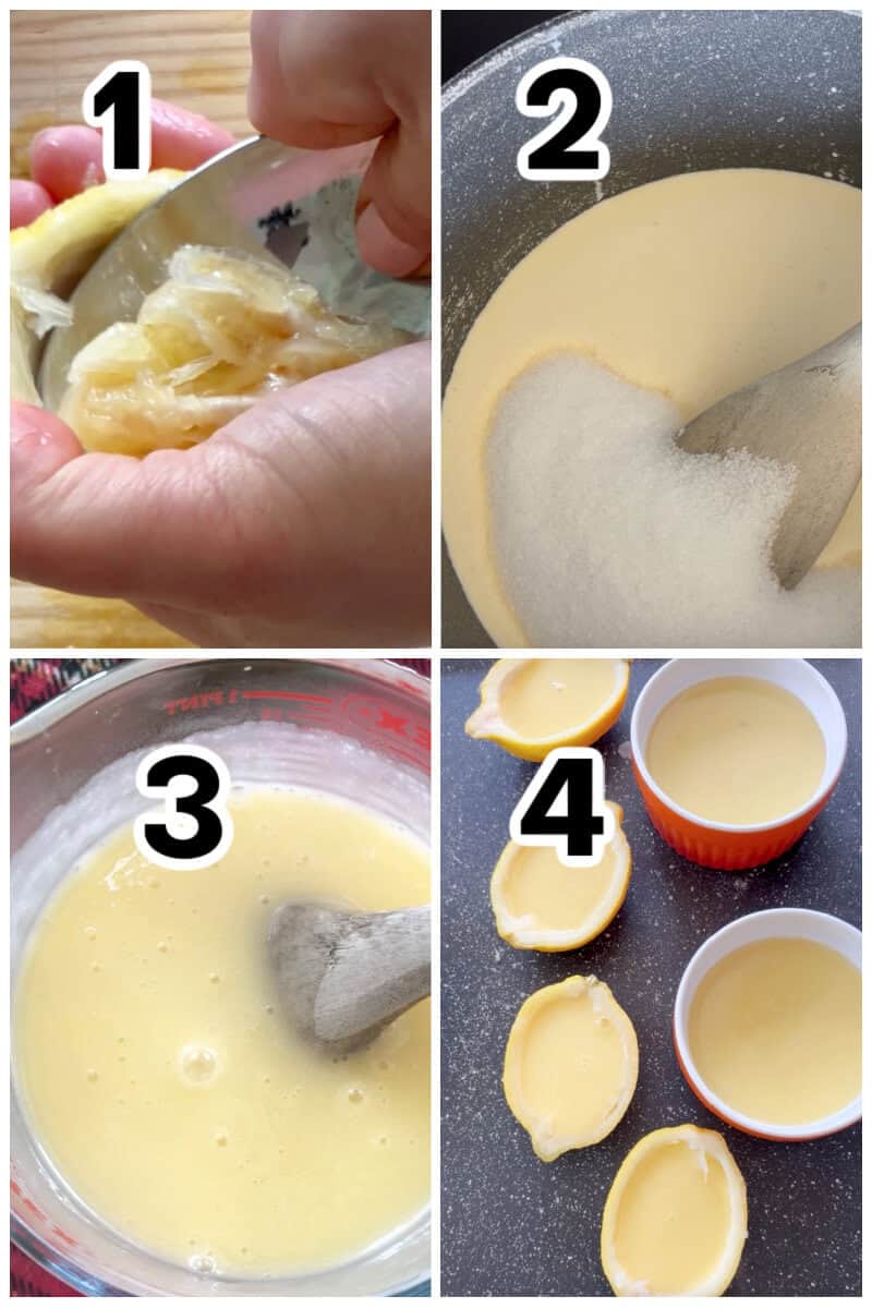 Collage of 4 photos to show how to make lemon posset.