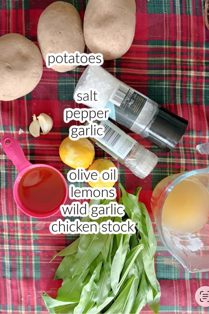 Ingredients listed to make wild garlic potatoes.