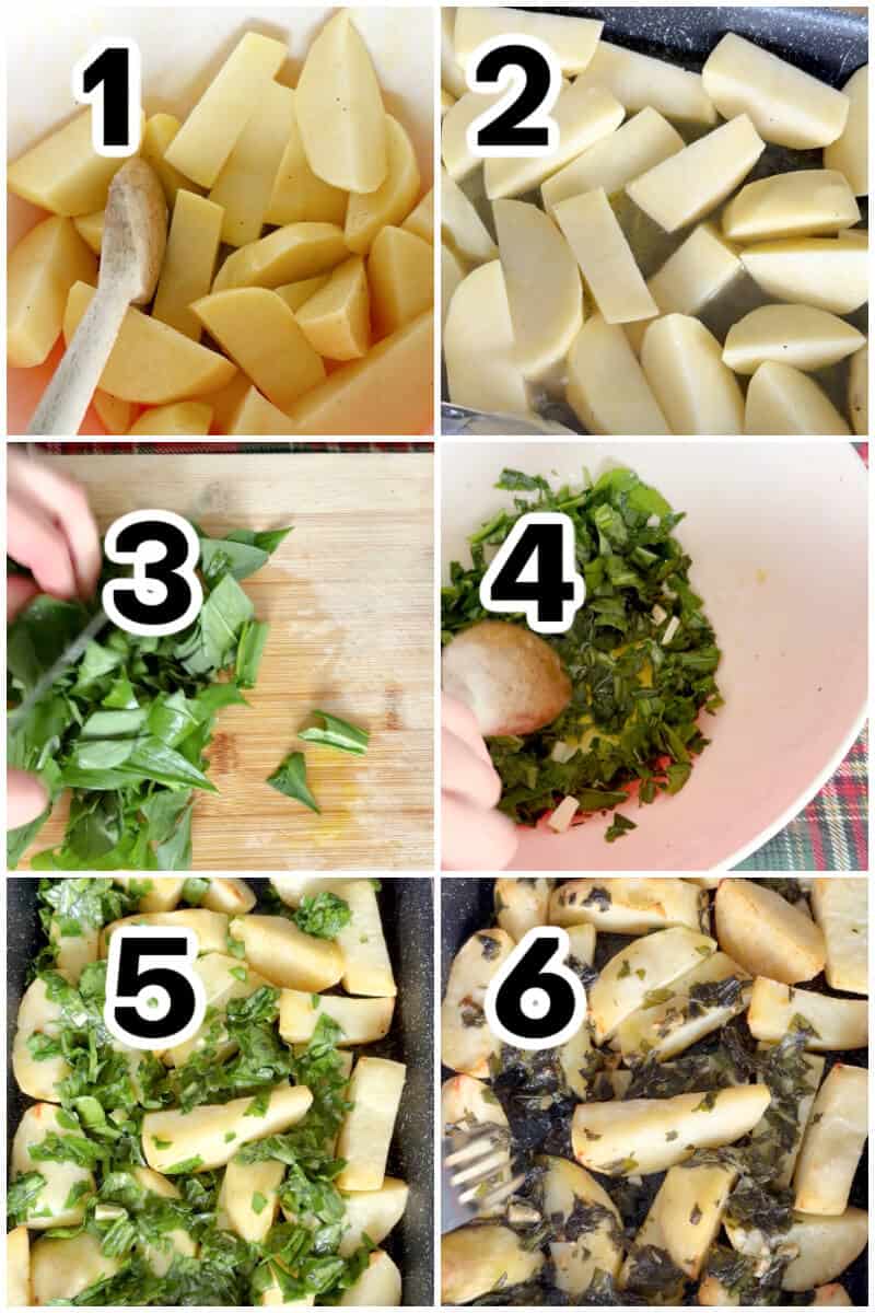 Collage of 6 photos to show how to make wild garlic potatoes.
