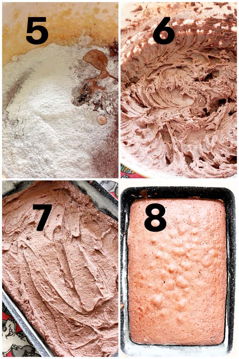 Collage of 4 photos to show how to make chocolate sponge.
