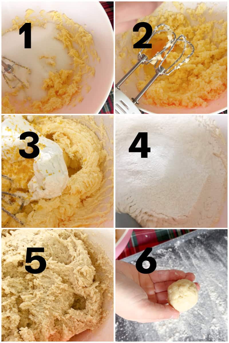 Collage of 6 photos to show how to make ricotta cookies,