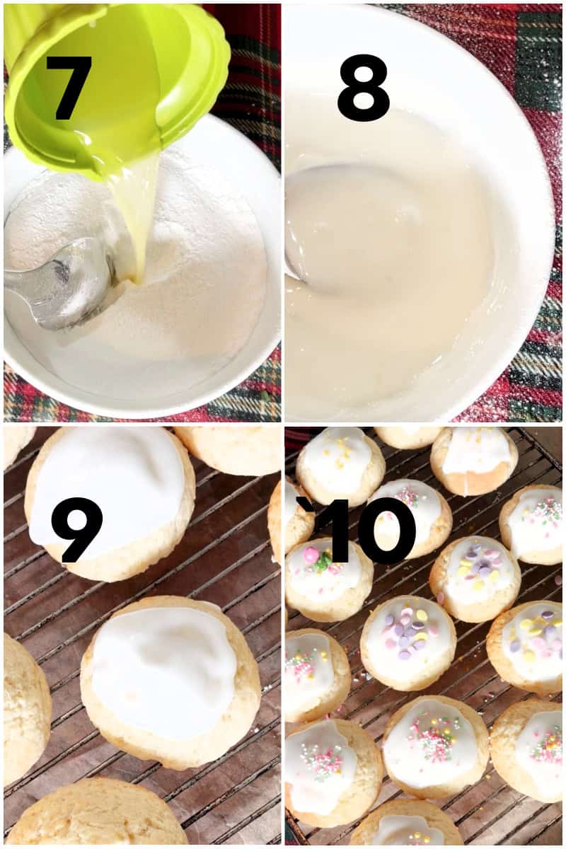 Collage of 4 photos to show how to decorate the cookies.