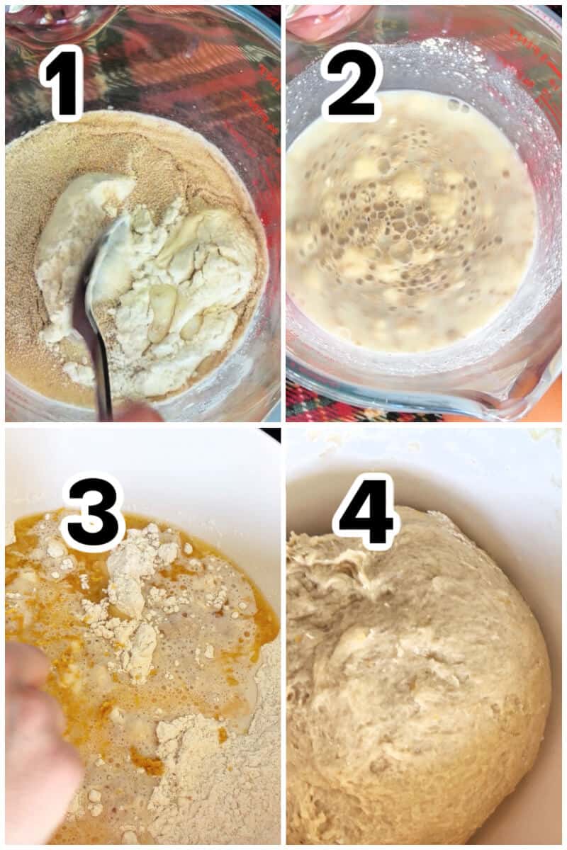 Collage of 4 photos to show how to make sweet yeast dough.