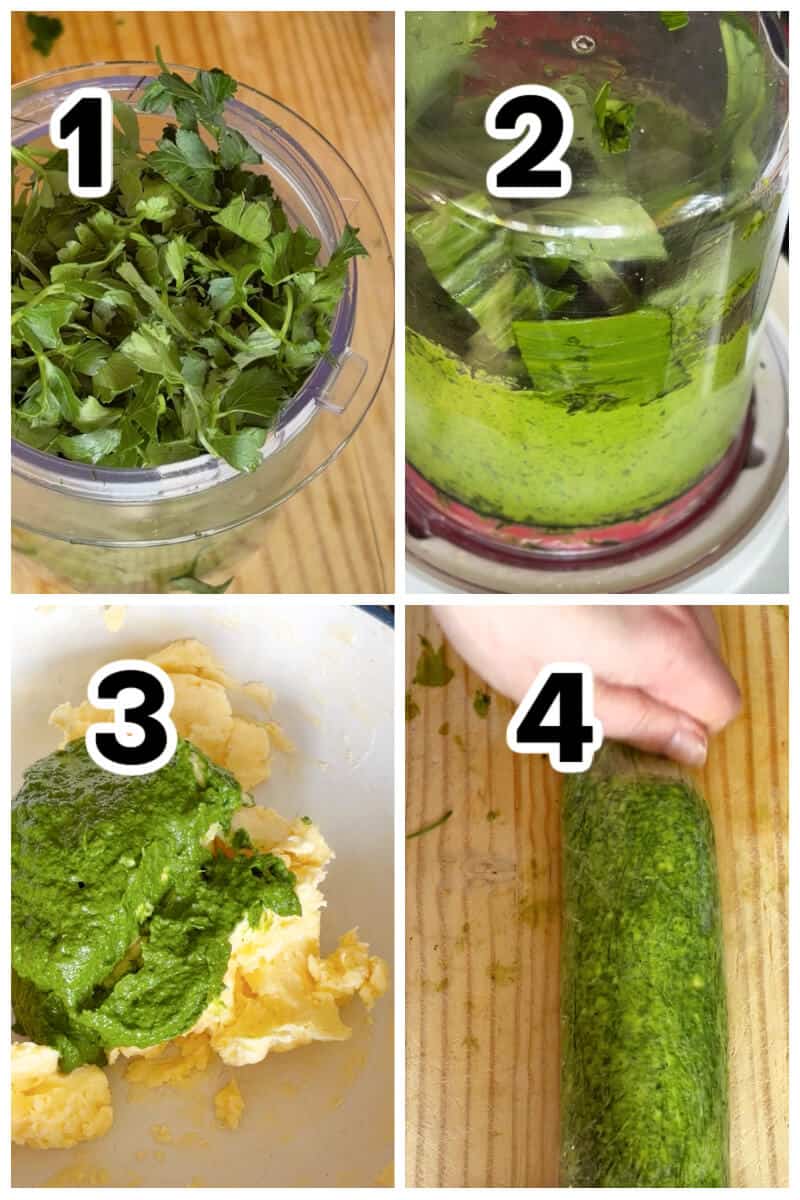 Collage of 4 photos to show how to make wild garlic butter.