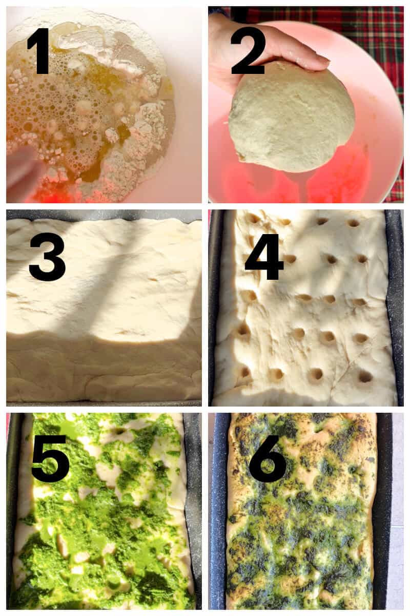 Collage of 6 photos to show how to make focaccia with wild garlic.