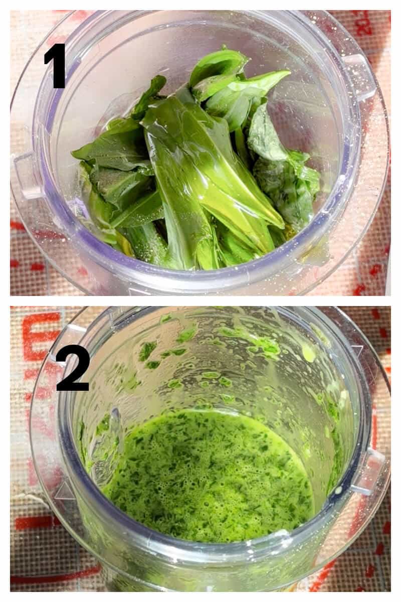 Collage of 2 photos to show how to make wild garlic topping for focaccia.