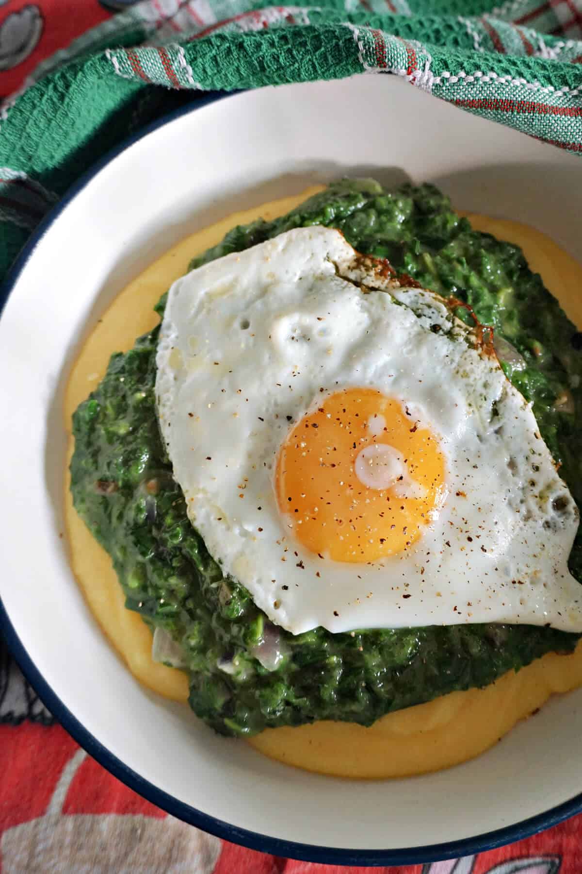 A bowl with polenta topped with creamy nettles and a fried egg.