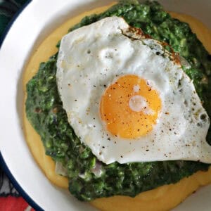 A white deep plate with creamy nettles with a fried egg over a bed of polenta.