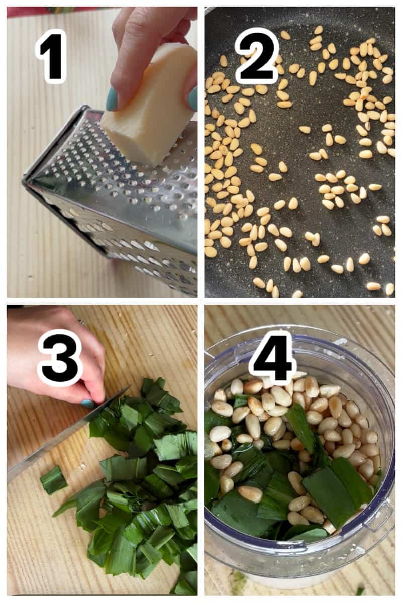 Collage of 4 photos to show how to make pesto.