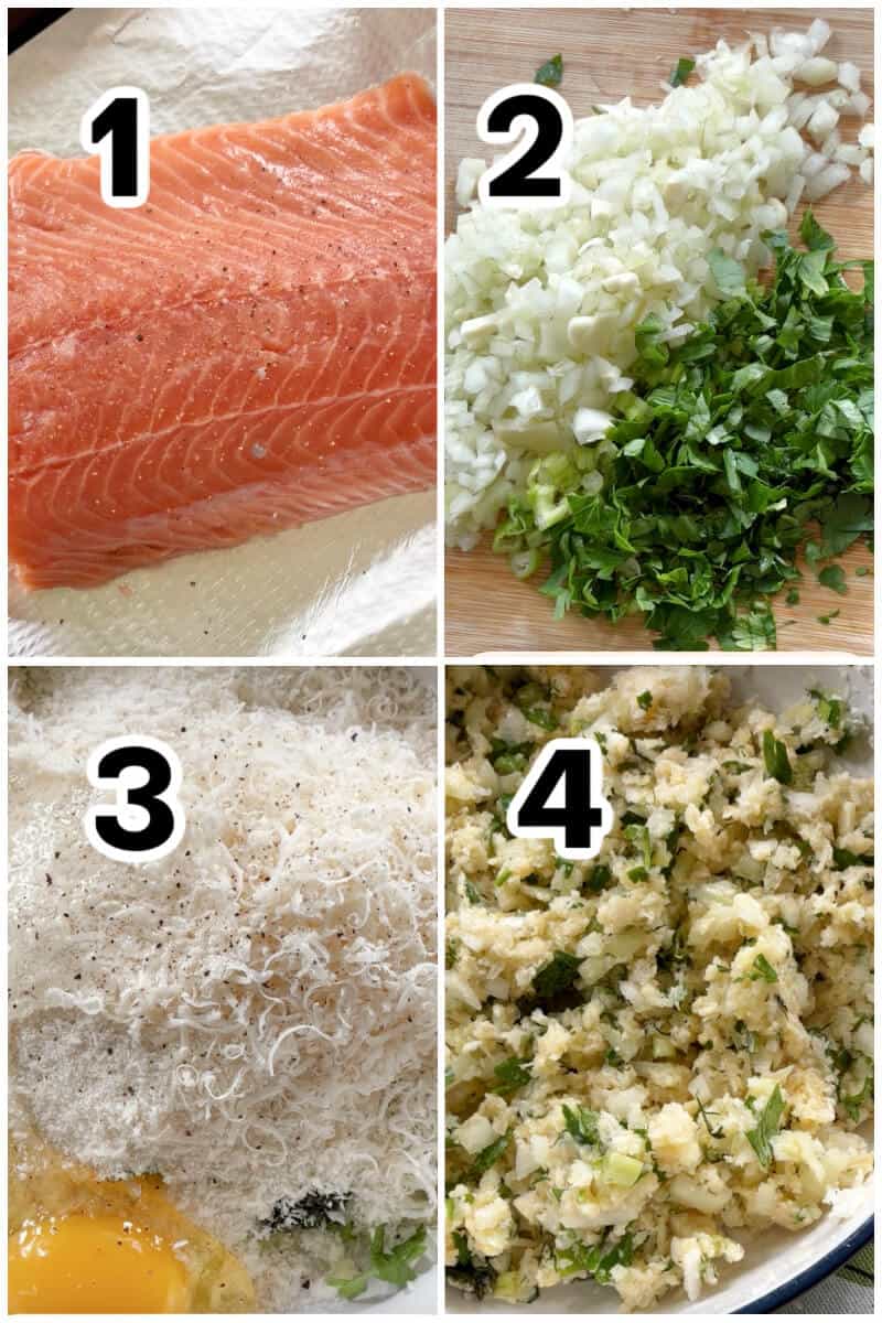 Collage of 4 photos to show how to make salmon patties.