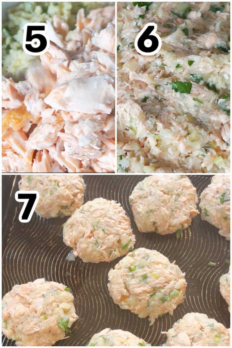 Collage of 3 photos to show how to make salmon cakes.