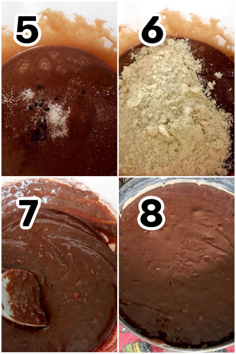 Collage of 4 photos to show how to make chocolate cake with ground almonds.