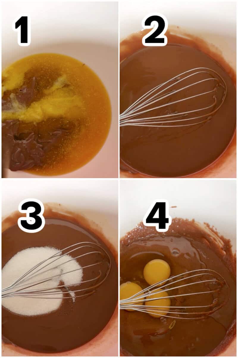 Collage of 4 photos to show how to make chocolate cake.