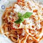 A plate with a portion of fettuccine with tomato sauce, garnished with grated parmesan and fresh basil leaves.