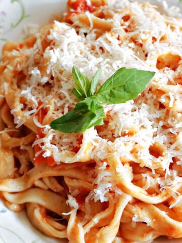 A plate with a portion of fettuccine with tomato sauce, garnished with grated parmesan and fresh basil leaves.