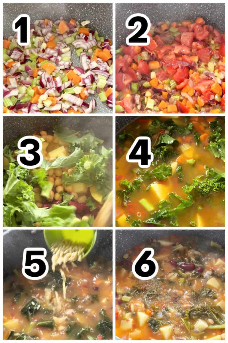 Collage of 6 photos to show how to make minestrone soup.