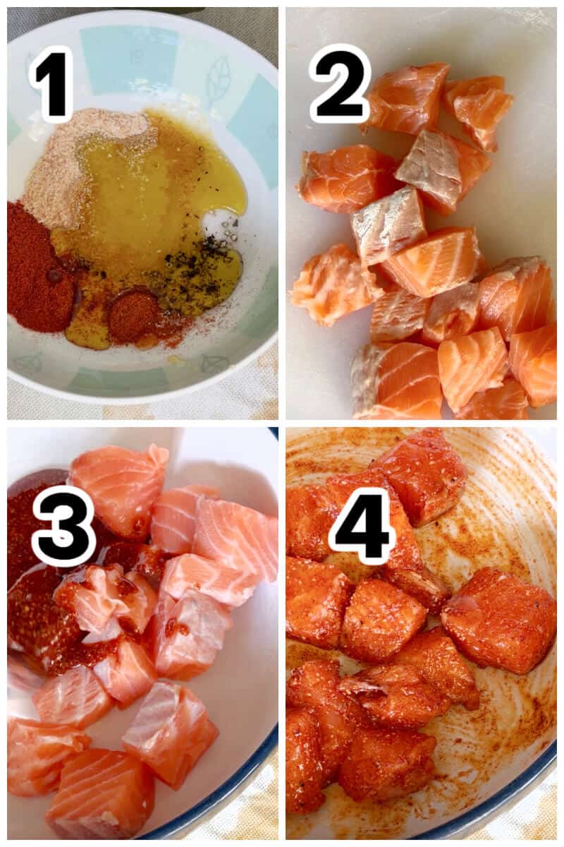 Collage of 4 photos to show how to season the salmon bites.