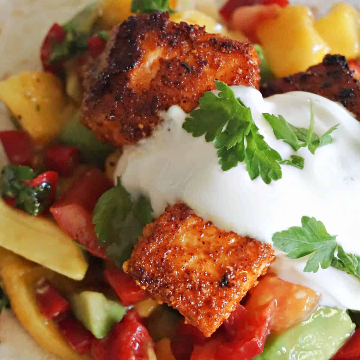 Blackened Salmon Tacos with Mango Avocado Salsa