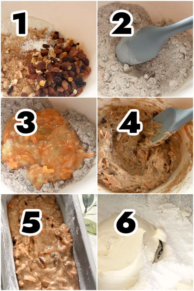 Collage of 6 photos to show how to make carrot cake banana bread with frosting.